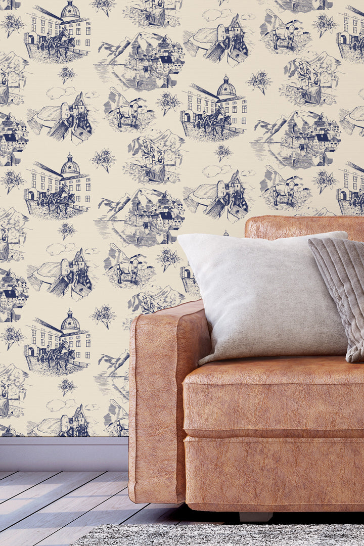 Mountains and the old town hand drawn - Peel and stick | traditional wallpaper 53324