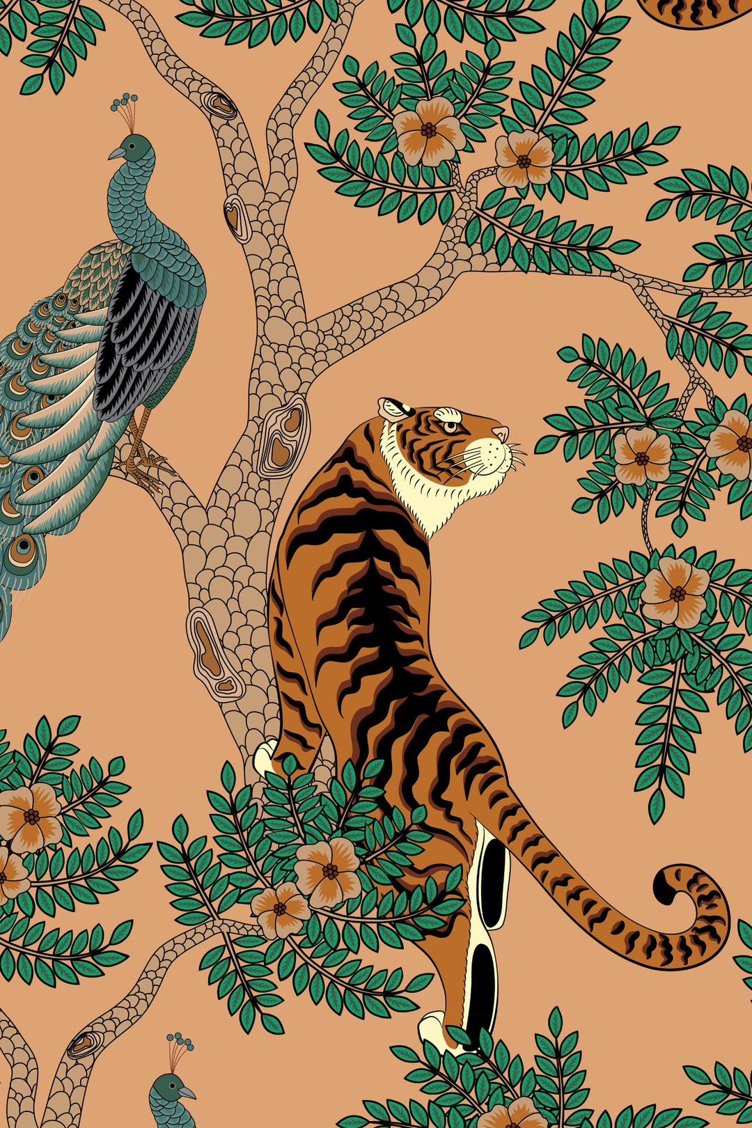 Animals design wallpaper 3183: tigers with peacoks and trees