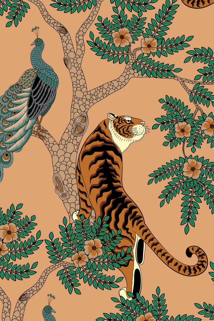 Animals design wallpaper 3183: tigers with peacoks and trees