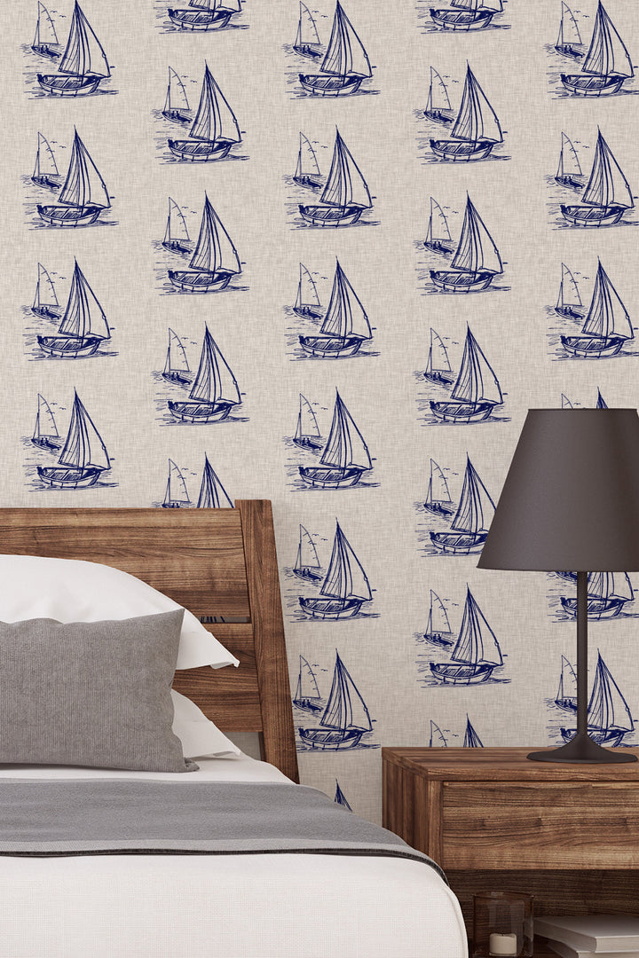 Hand drawn ships on a linen background  - Removable wallpaper - Vinyl Peel and Stick Wallpaper design #3329