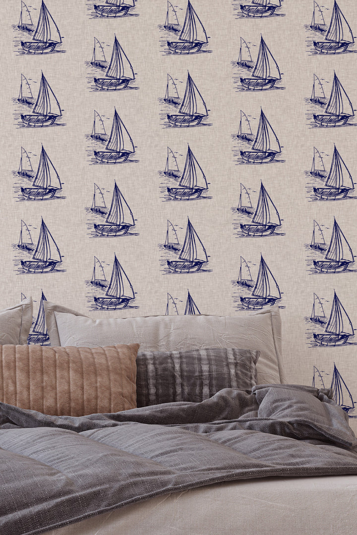 Hand drawn ships on a linen background  - Removable wallpaper - Vinyl Peel and Stick Wallpaper design #3329