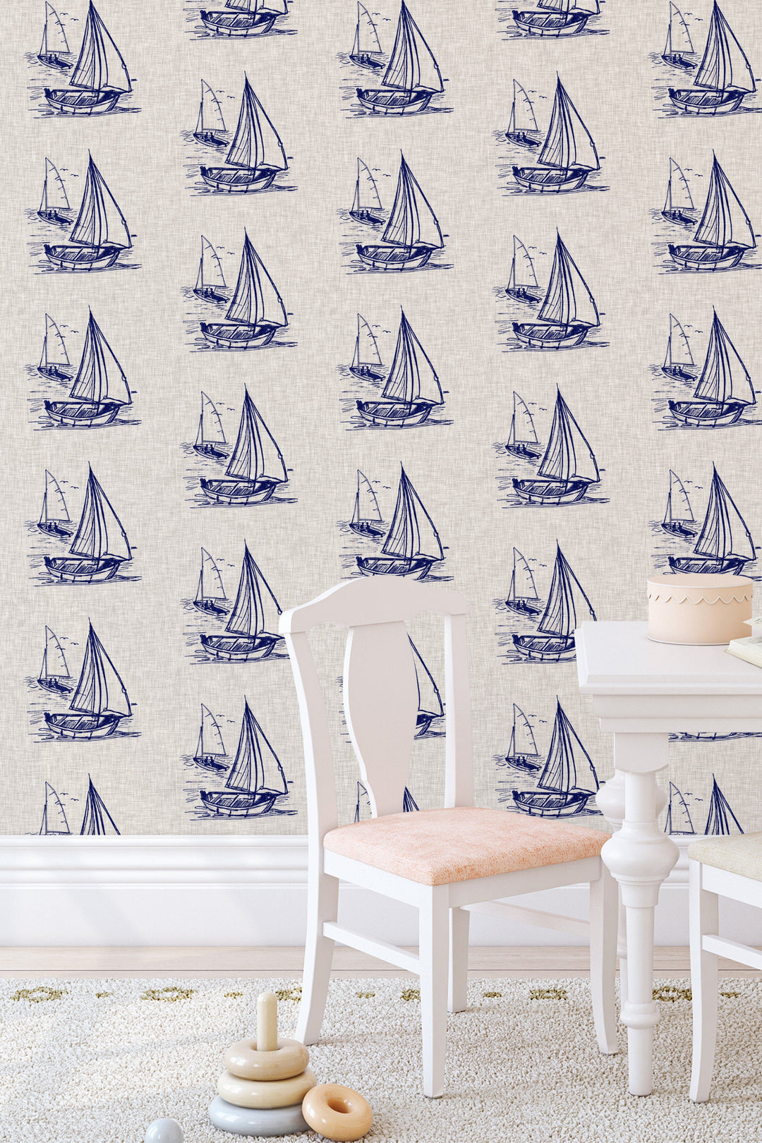 Hand drawn ships on a linen background  - Removable wallpaper - Vinyl Peel and Stick Wallpaper design #3329