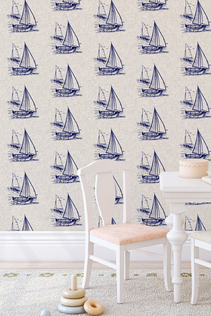 Hand drawn ships on a linen background  - Removable wallpaper - Vinyl Peel and Stick Wallpaper design #3329