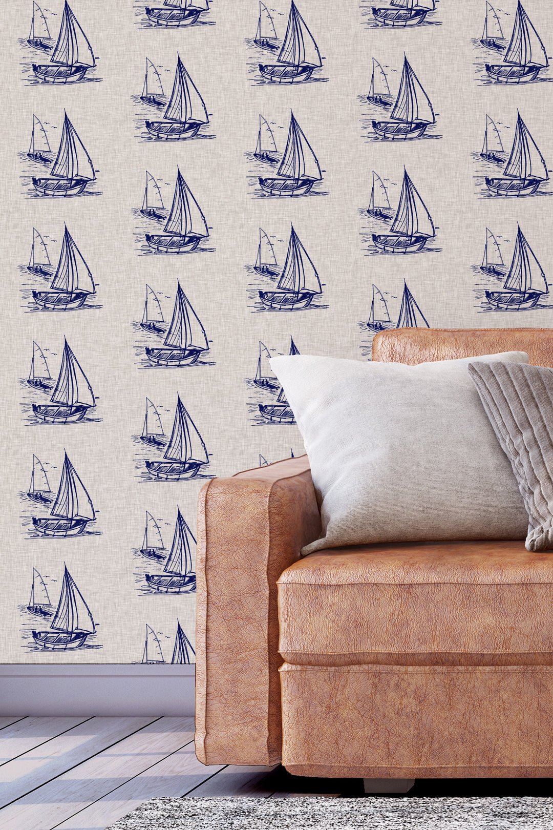 Hand drawn ships on a linen background  - Removable wallpaper - Vinyl Peel and Stick Wallpaper design #3329