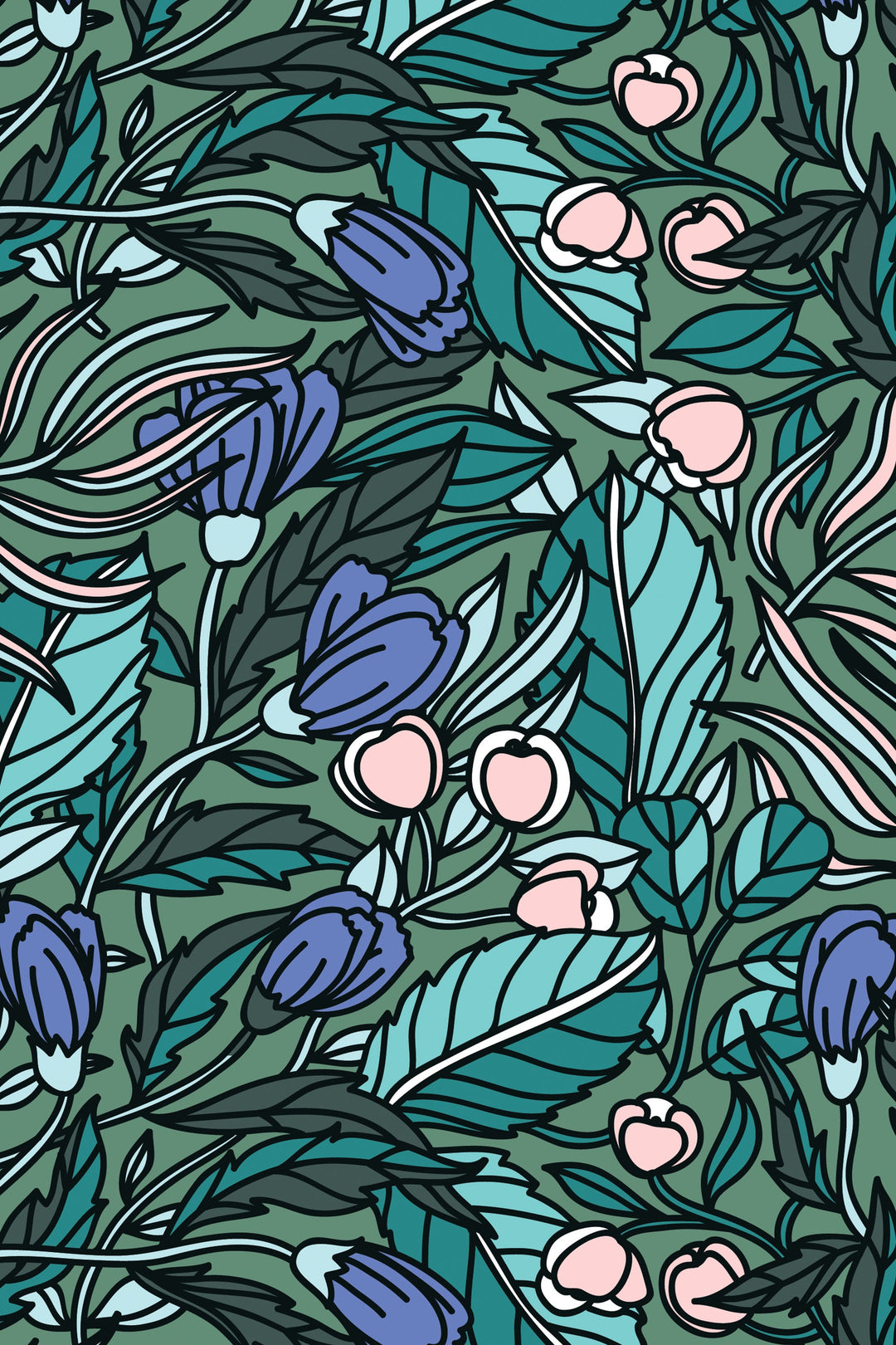 Green buds and leaves - Peel and stick wallpaper, Removable , traditional wallpaper #53063 /1040