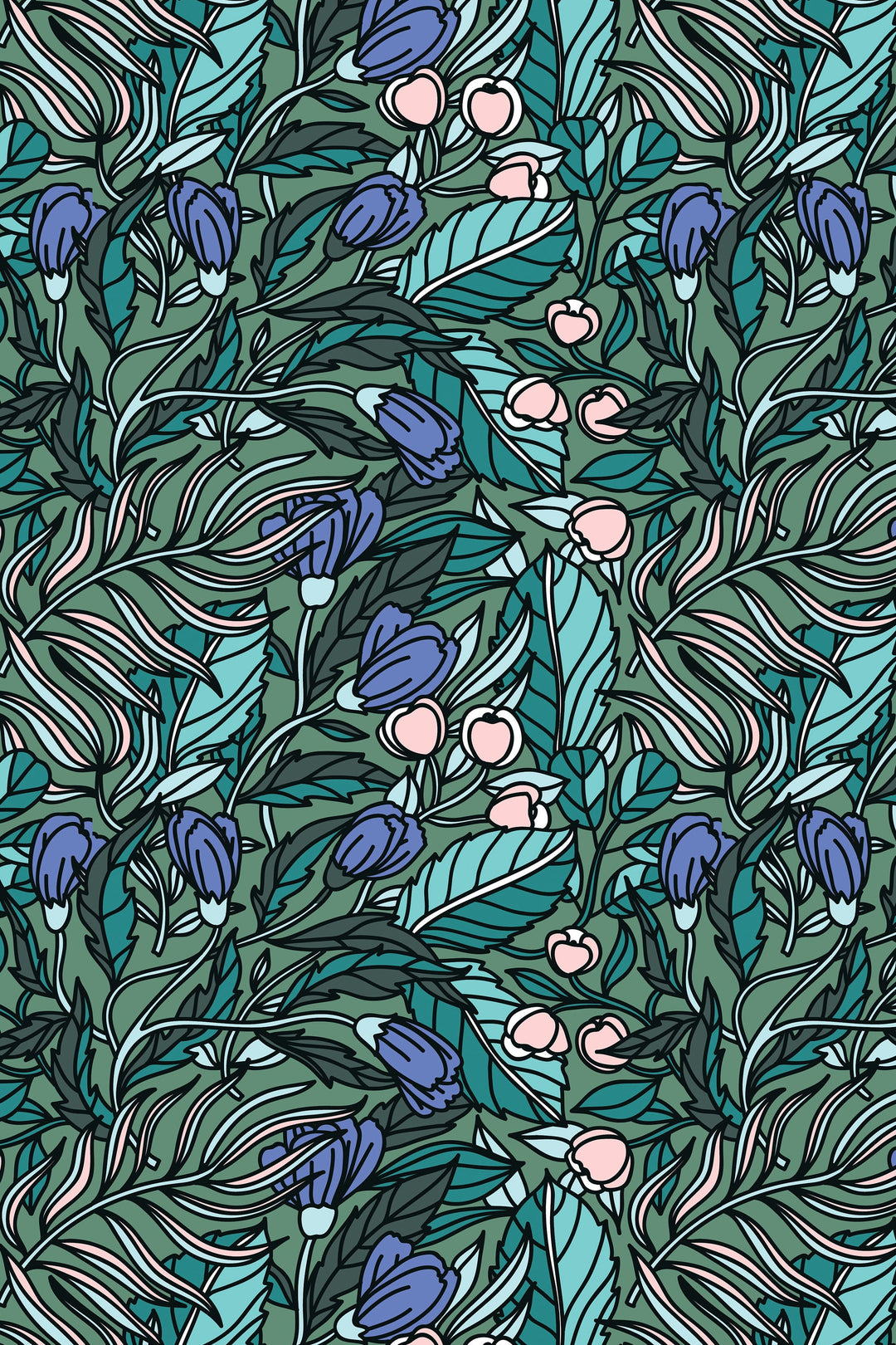 Green buds and leaves - Peel and stick wallpaper, Removable , traditional wallpaper #53063 /1040