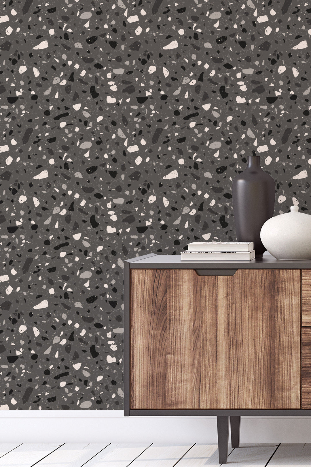 Dark Terrazzo Wallpaper - Black and Gray Minimalistic Boho