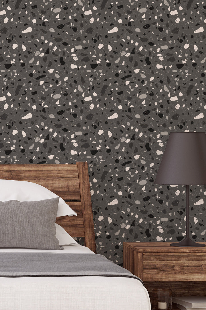 Dark Terrazzo Wallpaper - Black and Gray Minimalistic Boho