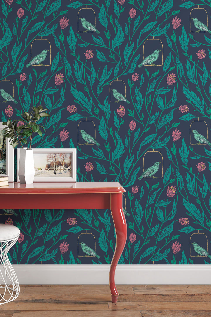 Spring garden, plants and birds, dark wallpaper  - Peel and stick wallpaper, Removable , traditional wallpaper - #53201 /1040