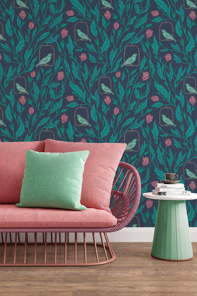 Spring garden, plants and birds, dark wallpaper  - Peel and stick wallpaper, Removable , traditional wallpaper - #53201 /1040