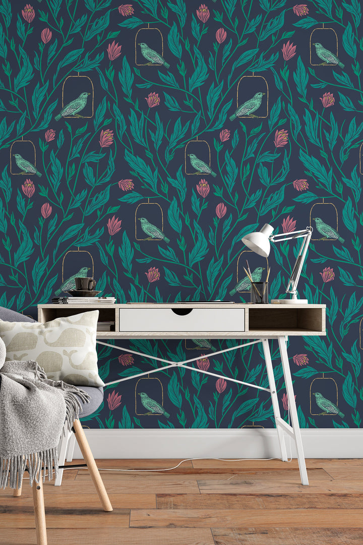 Spring garden, plants and birds, dark wallpaper  - Peel and stick wallpaper, Removable , traditional wallpaper - #53201 /1040