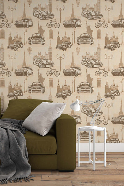 Vintage cars on tan backgraond, Self Adhesive Traditional and Peel and Stick Wallpaper #53331 /1040