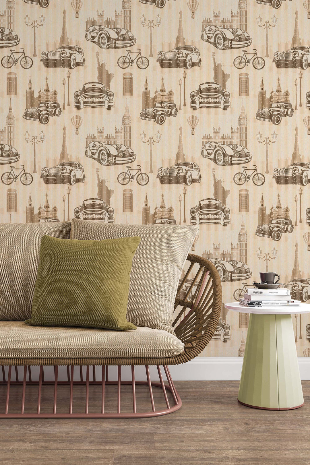 Vintage cars on tan backgraond, Self Adhesive Traditional and Peel and Stick Wallpaper #53331 /1040