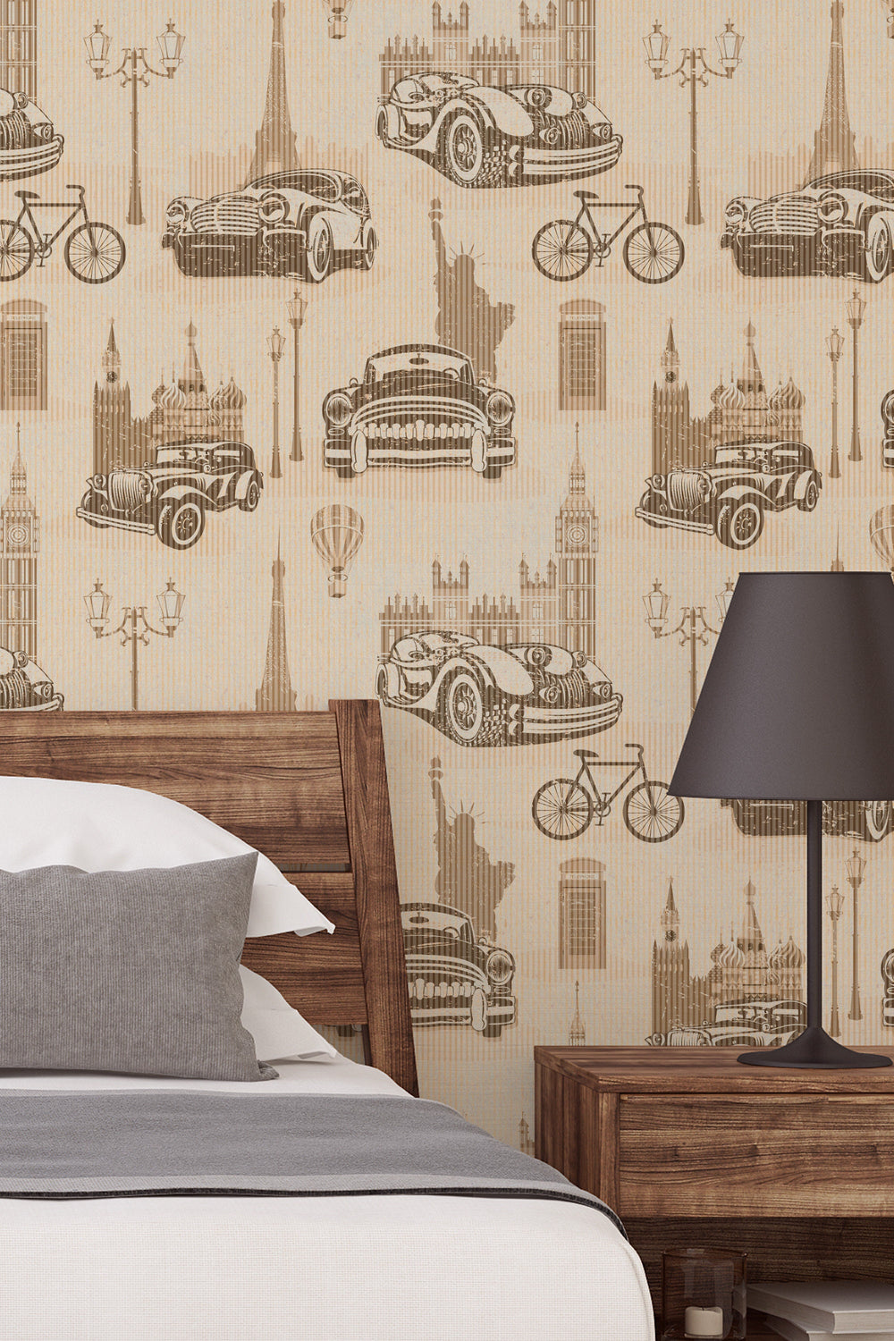 Vintage cars on tan backgraond, Self Adhesive Traditional and Peel and Stick Wallpaper #53331 /1040