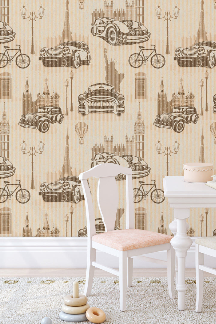 Vintage cars on tan backgraond, Self Adhesive Traditional and Peel and Stick Wallpaper #53331 /1040