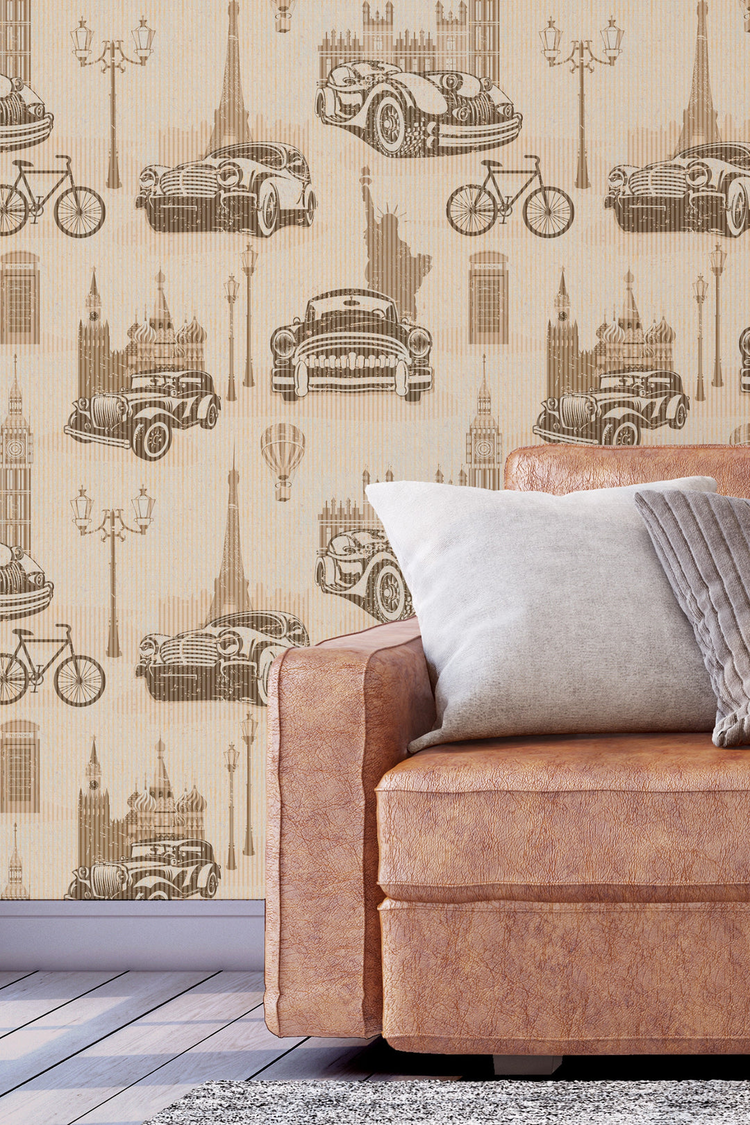 Vintage cars on tan backgraond, Self Adhesive Traditional and Peel and Stick Wallpaper #53331 /1040