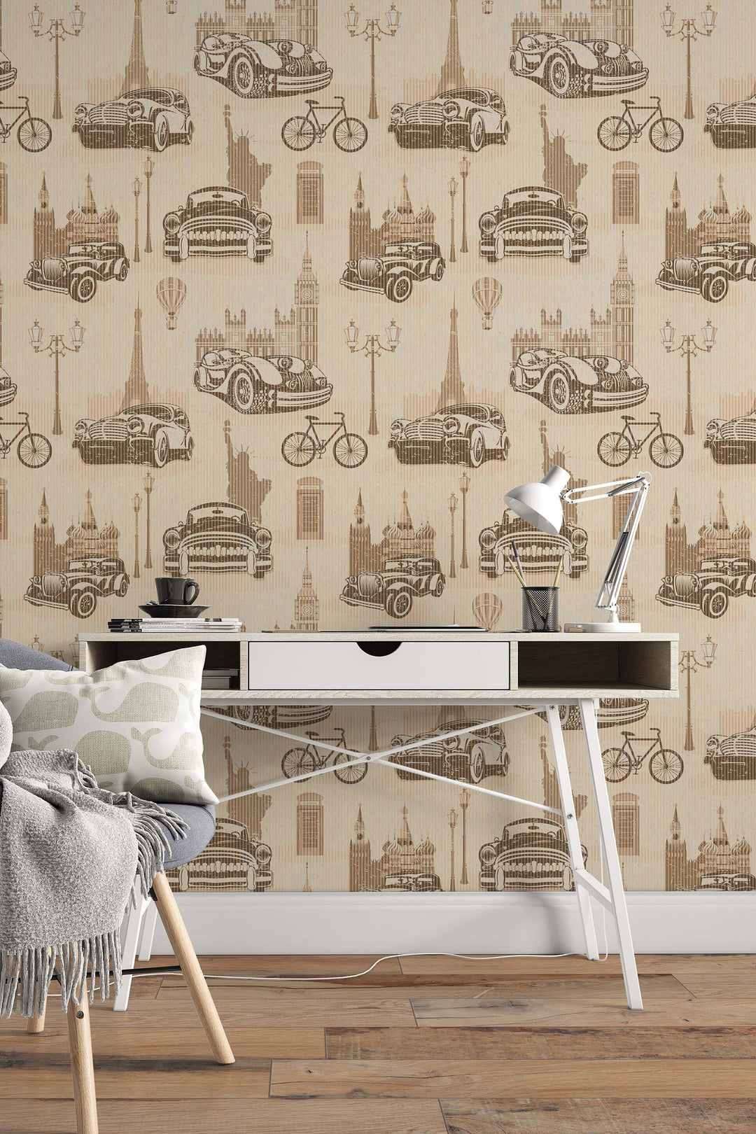 Vintage cars on tan backgraond, Self Adhesive Traditional and Peel and Stick Wallpaper #53331 /1040