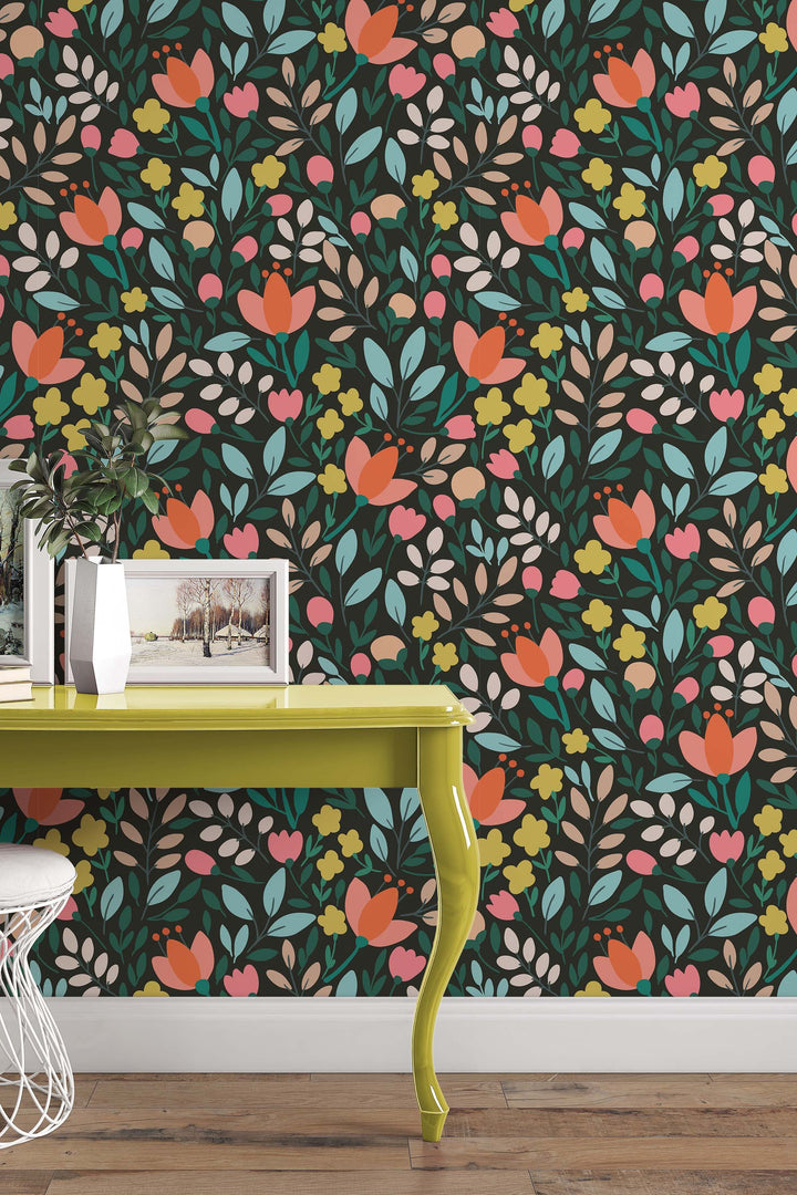 Multicolor flowers on dark background - Peel and stick wallpaper, Removable , traditional wallpaper - #53288 /1040