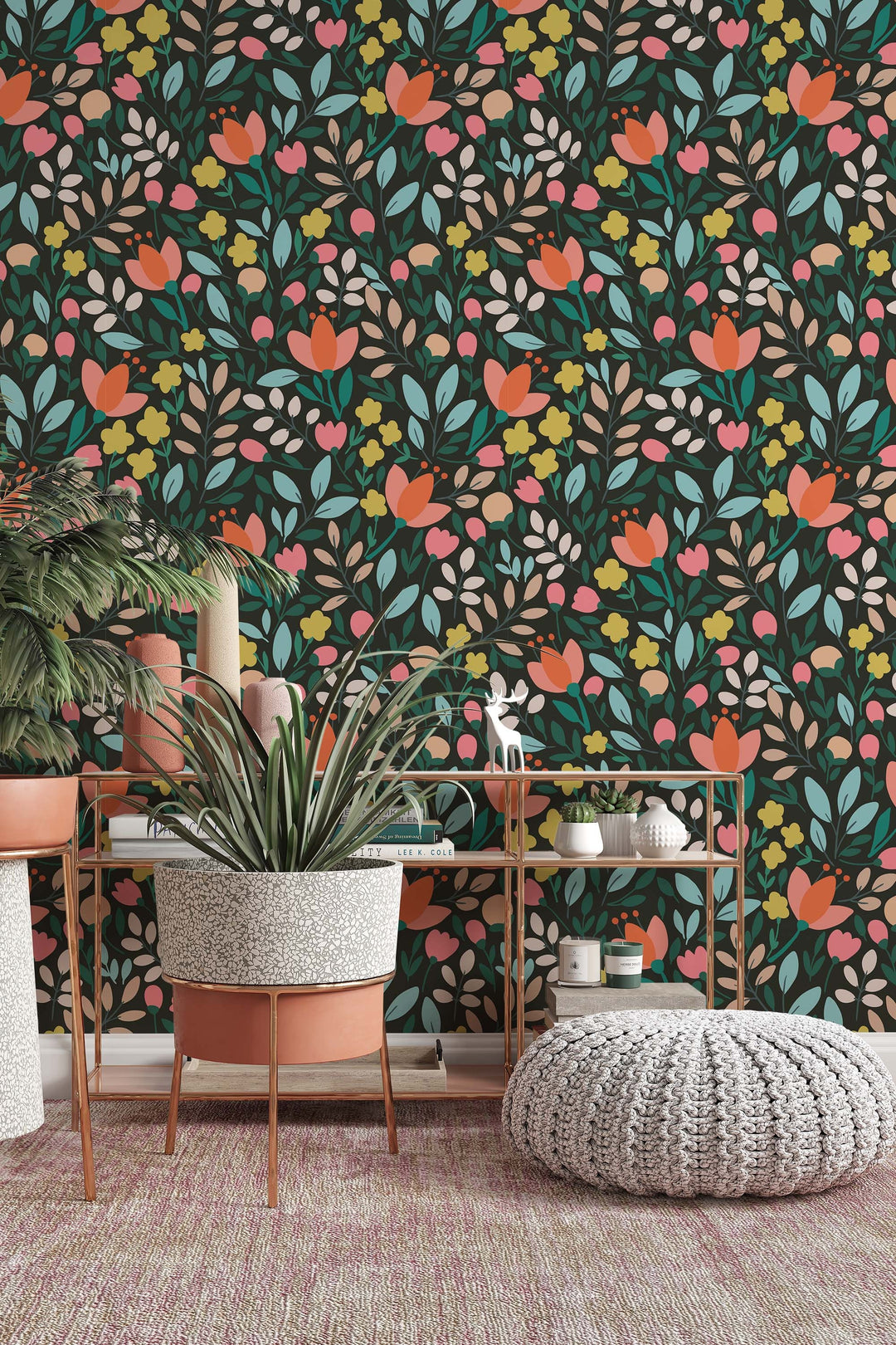 Multicolor flowers on dark background - Peel and stick wallpaper, Removable , traditional wallpaper - #53288 /1040