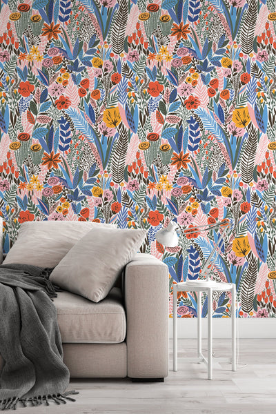 Scandinavian wallpaper: design, flowers, multicolor plants