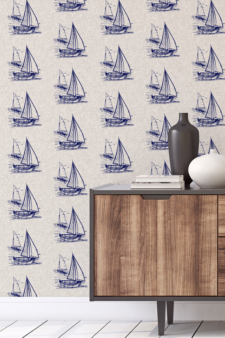 Hand drawn ships on a linen background  - Removable wallpaper - Vinyl Peel and Stick Wallpaper design #3329