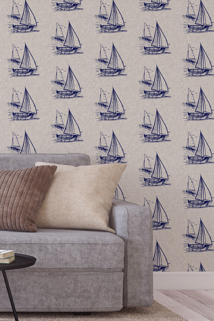 Hand drawn ships on a linen background  - Removable wallpaper - Vinyl Peel and Stick Wallpaper design #3329