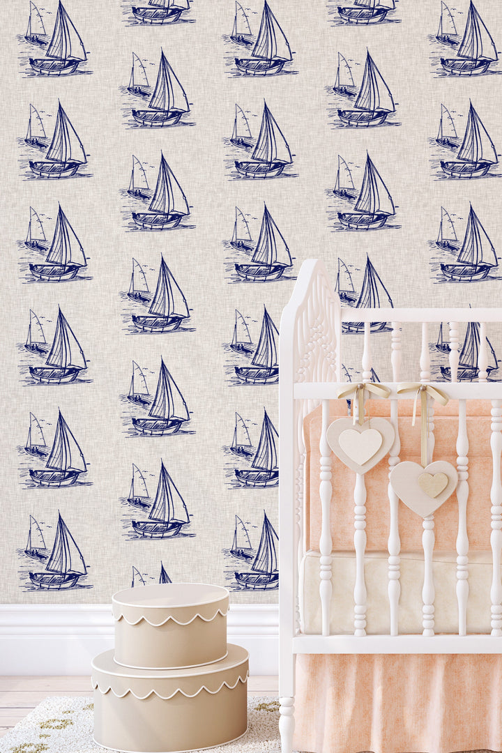 Hand drawn ships on a linen background  - Removable wallpaper - Vinyl Peel and Stick Wallpaper design #3329