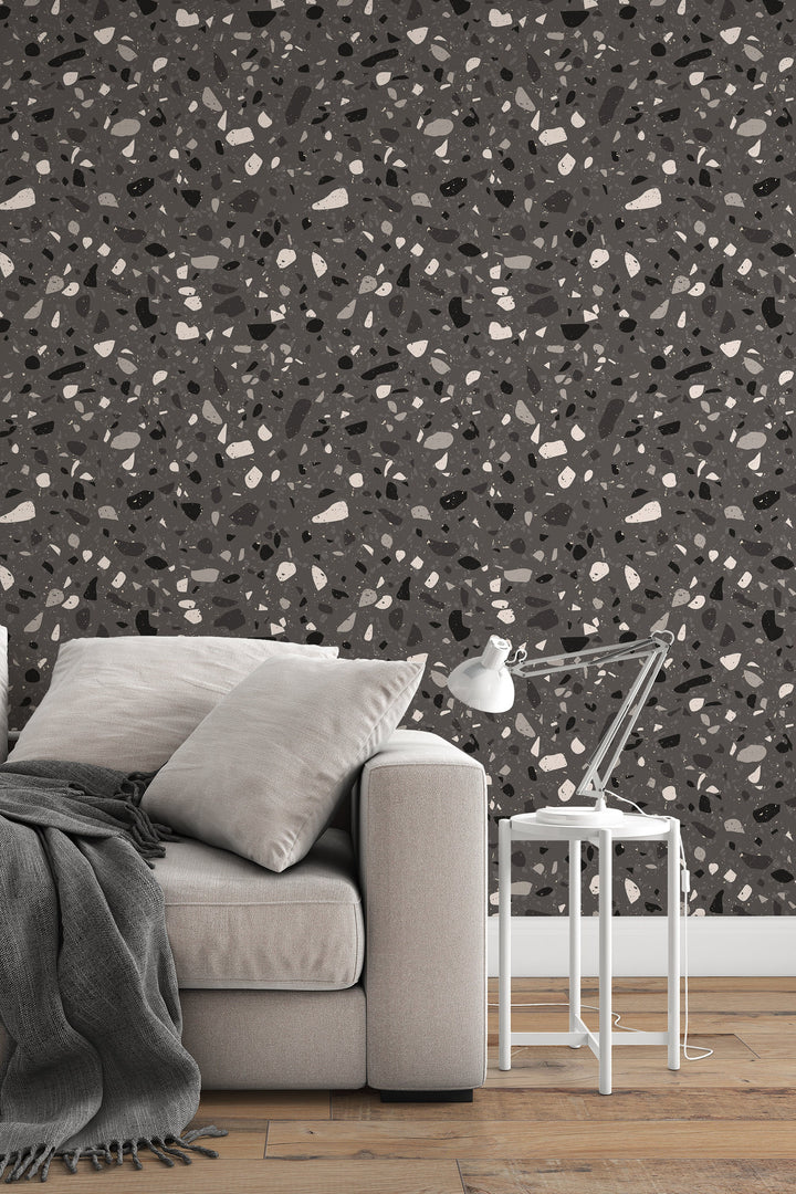 Dark Terrazzo Wallpaper - Black and Gray Minimalistic Boho