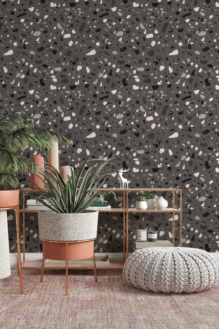 Dark Terrazzo Wallpaper - Black and Gray Minimalistic Boho