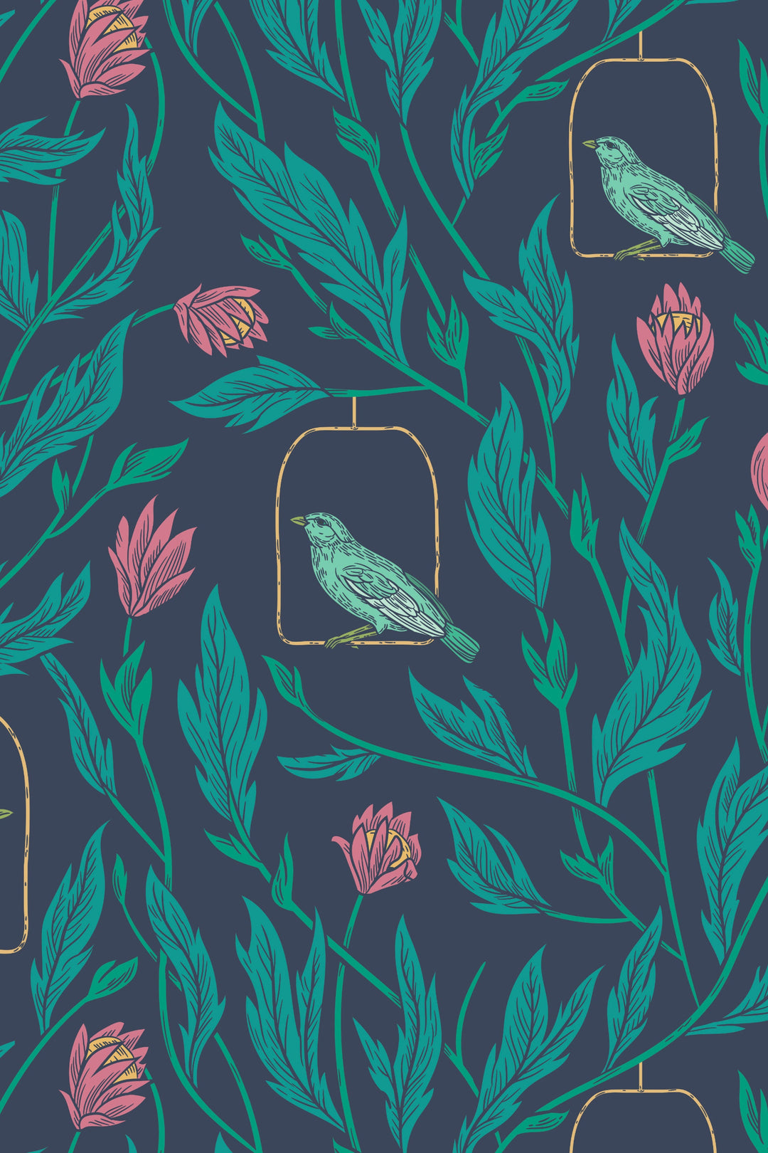 Spring garden, plants and birds, dark wallpaper  - Peel and stick wallpaper, Removable , traditional wallpaper - #53201 /1040