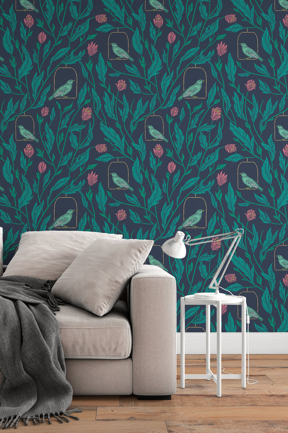 Spring garden, plants and birds, dark wallpaper  - Peel and stick wallpaper, Removable , traditional wallpaper - #53201 /1040