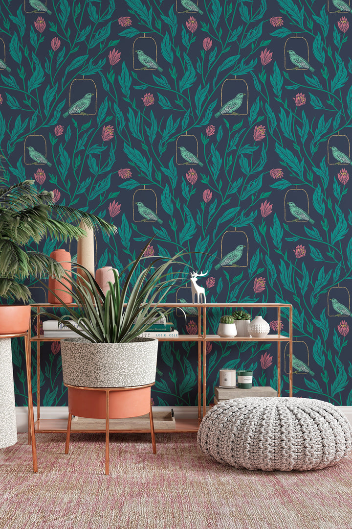 Spring garden, plants and birds, dark wallpaper  - Peel and stick wallpaper, Removable , traditional wallpaper - #53201 /1040