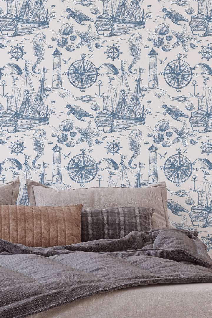 Ocean waves, ship, sea life - Removable Self Adhesive pattern wallpaper #53316 /1040