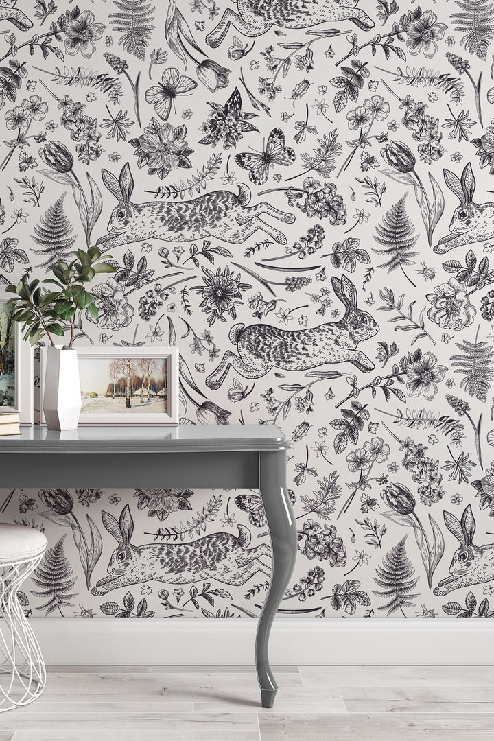 Black and white rabbits | Peel&Stick and Traditional Wallpaper | Non-toxic #53350 /1040