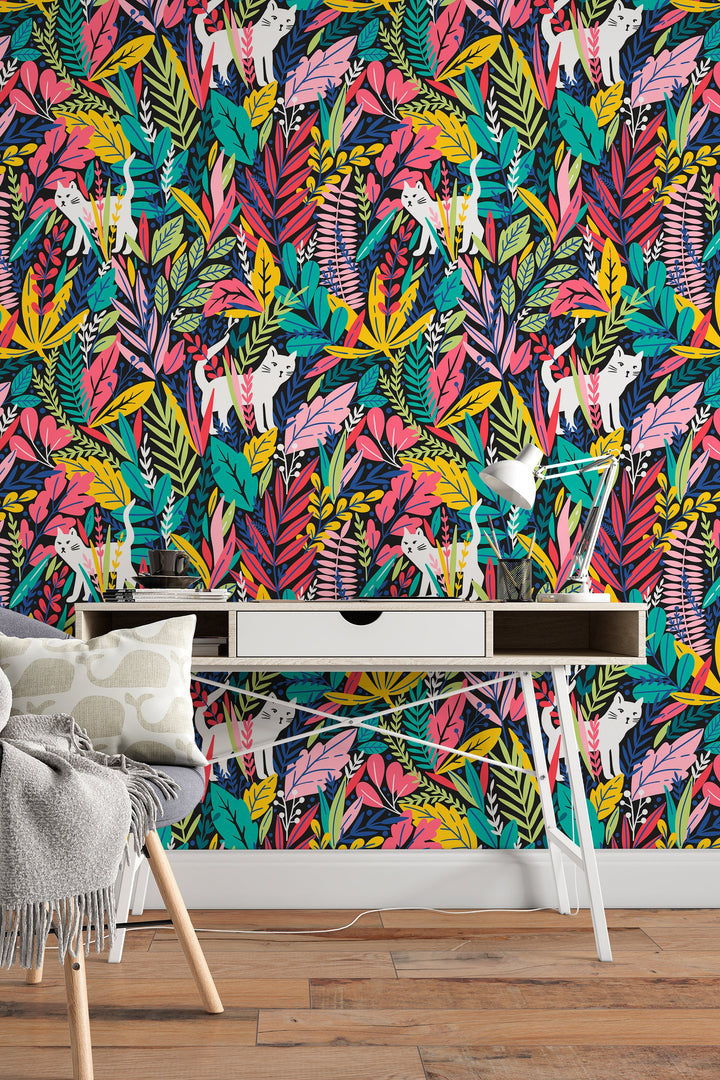 Scandinavian wallpaper with cats - Peel and stick, Removable, traditional wallpaper