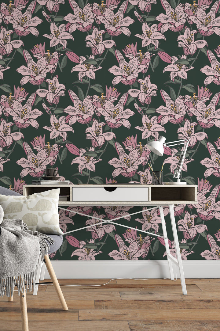 Pink Lilies Removable Self Adhesive and Traditional wallpaper #53360 /