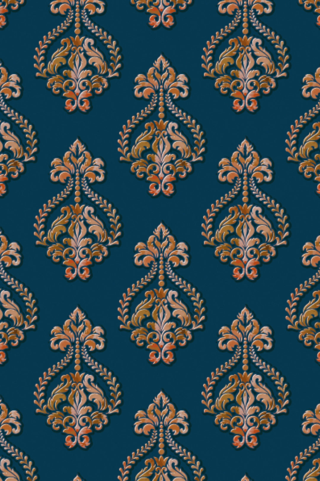 Damask style in orange and yellow on a dark-turquoise