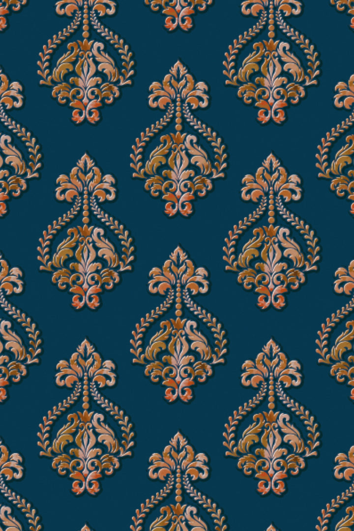 Damask style in orange and yellow on a dark-turquoise