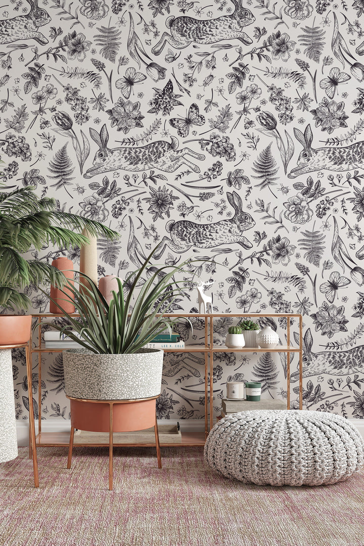 Black and white rabbits | Peel&Stick and Traditional Wallpaper | Non-toxic #53350 /1040