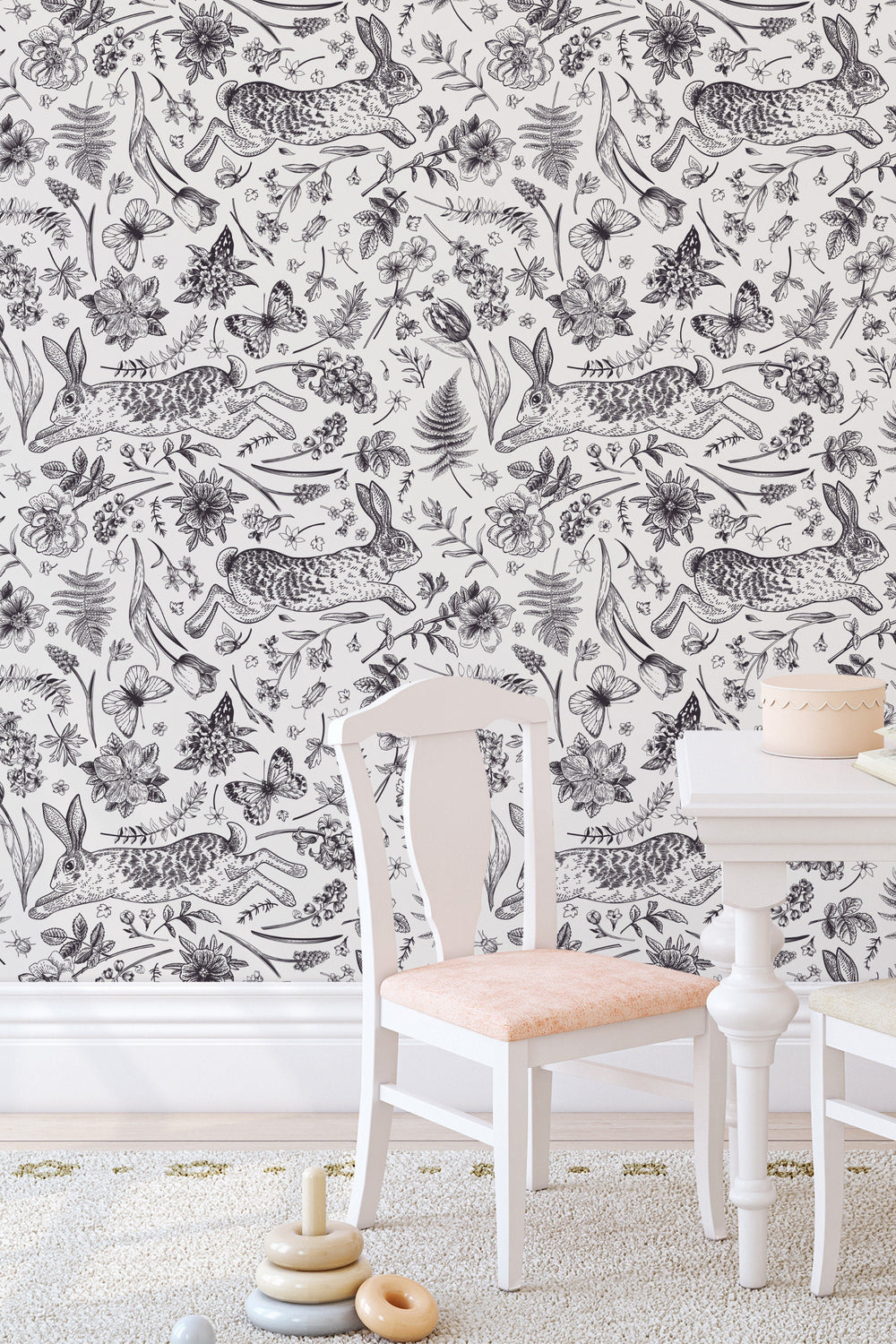 Black and white rabbits | Peel&Stick and Traditional Wallpaper | Non-toxic #53350 /1040