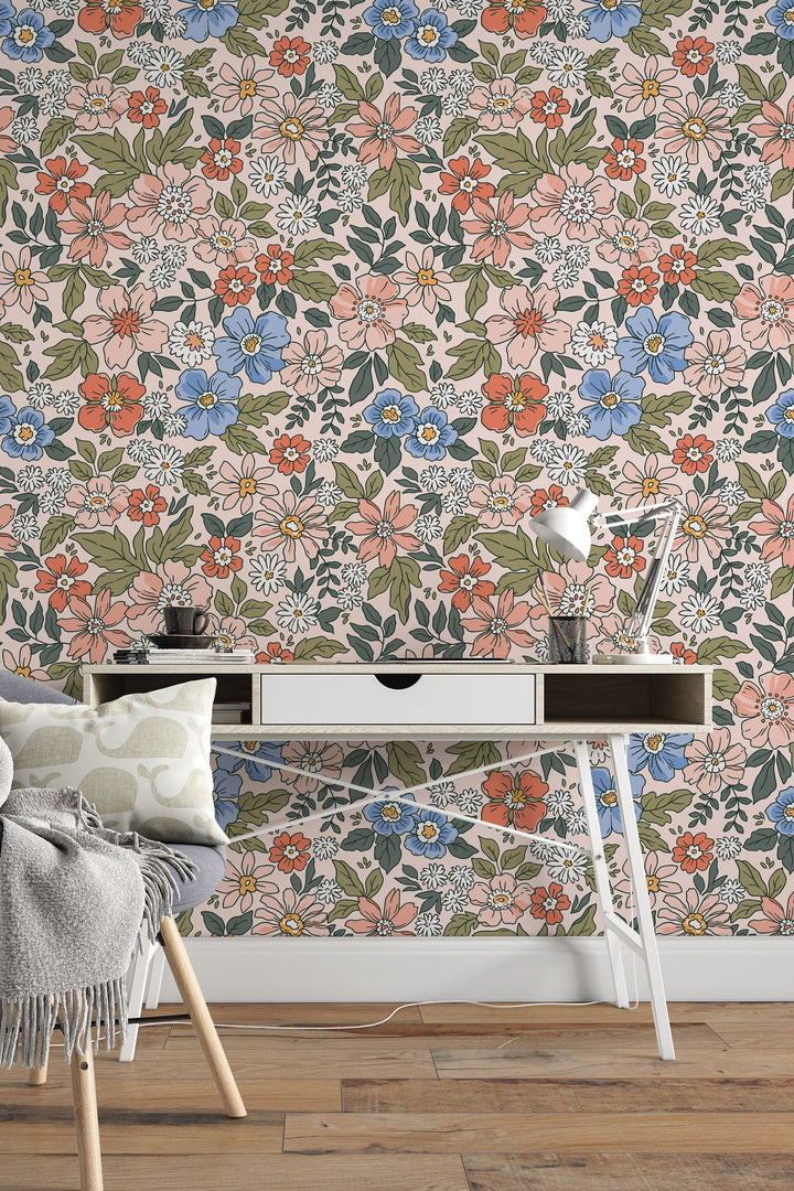 Colorful flowers  - Peel and stick wallpaper, Removable, traditional wallpaper #53370 /1040