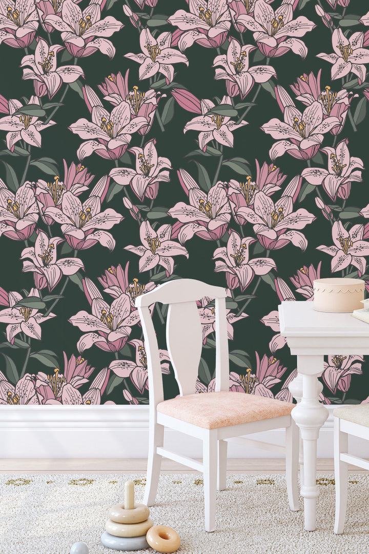 Pink Lilies Removable Self Adhesive and Traditional wallpaper #53360 /