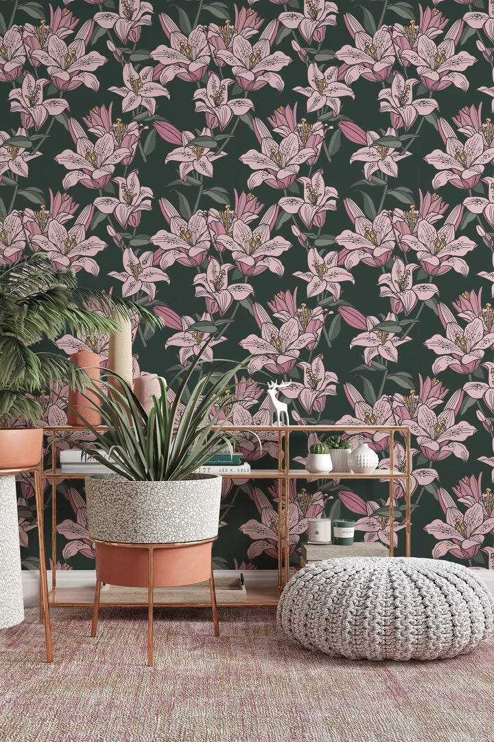 Pink Lilies Removable Self Adhesive and Traditional wallpaper #53360 /