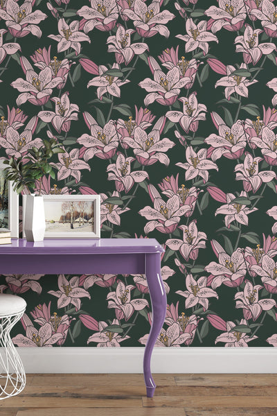 Pink Lilies Removable Self Adhesive and Traditional wallpaper #53360 /