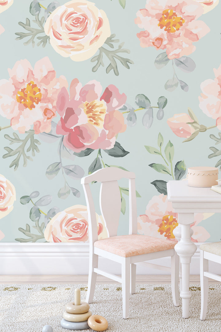 Floral Wallpaper Mural || Watercolor Floral || Traditional or Removable • Vinyl-Free • Non-toxic #3375 /1040