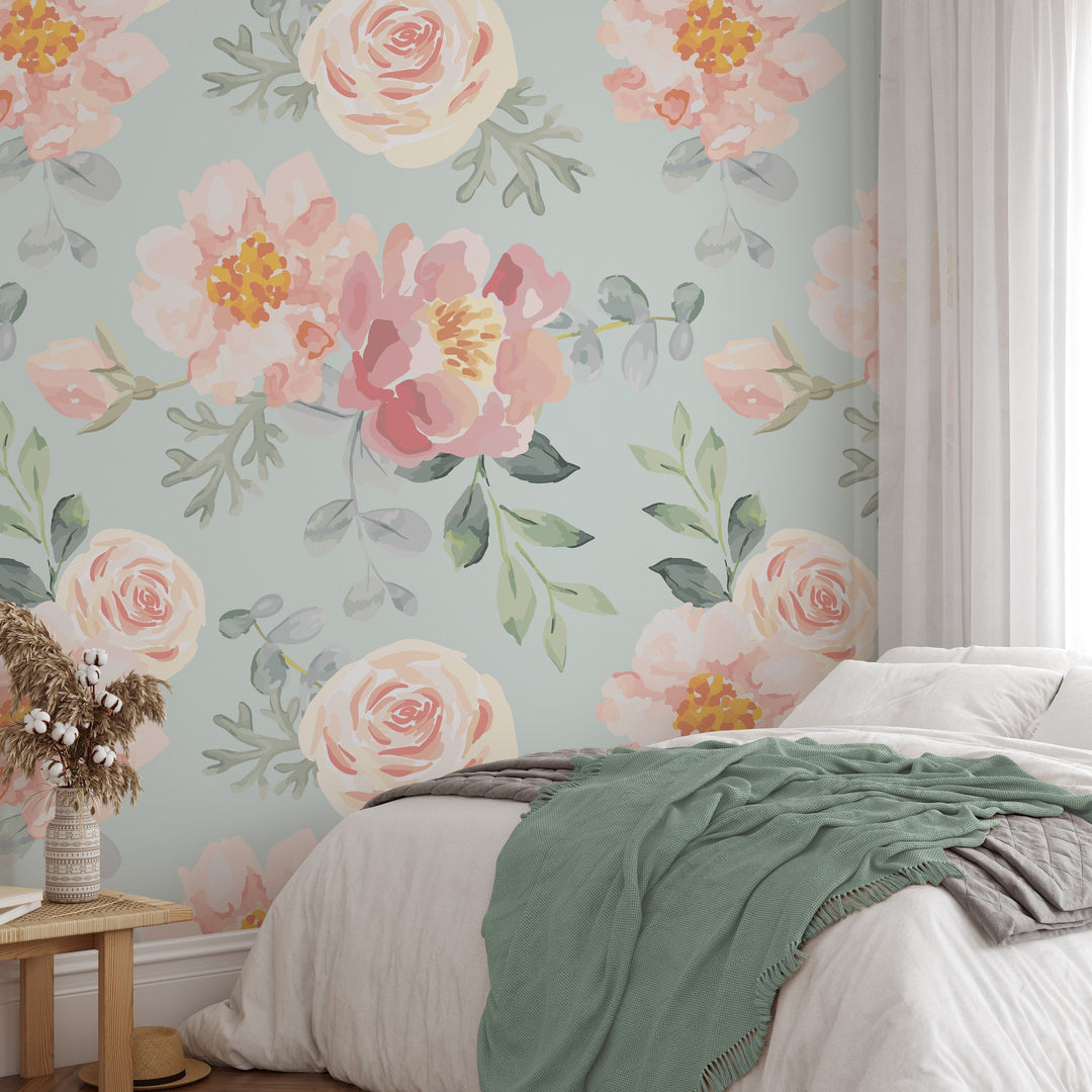 Ismoon Large Floral Peel And Stick Wallpaper – Boho White/Pink, 17.3" X 16.3ft, Removable Self-Adhesive Vinyl Roll