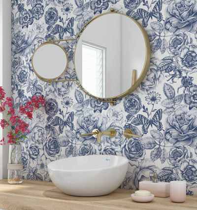Vintage blue flowers wallpaper - Peel and Stick - Traditional wallpaper - Removable Self Adhesive design #53271 /1040