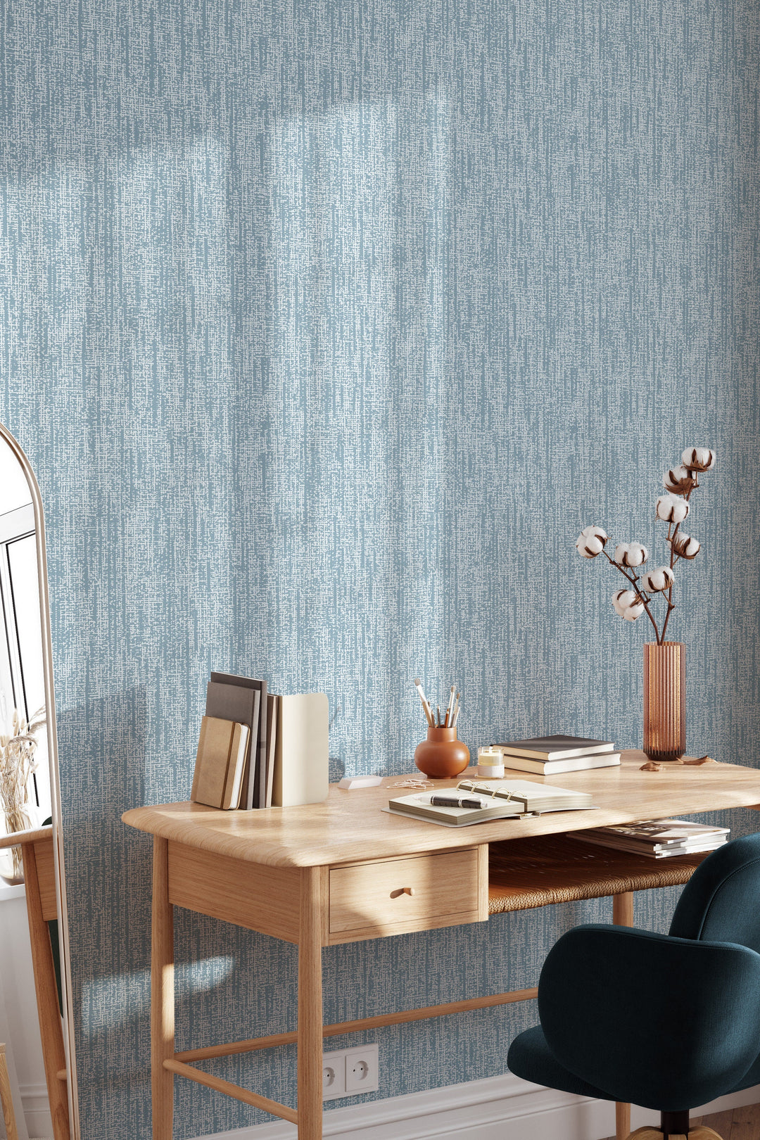 Renter friendly blue linen textured background wallpaper