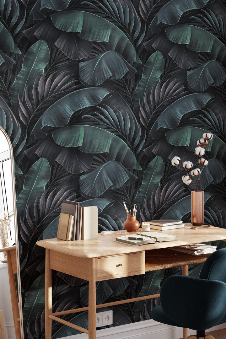 Dark wallpaper, Palm leaves, renter friendly wallpaper, - Peel and stick wall and Traditional murals #3399