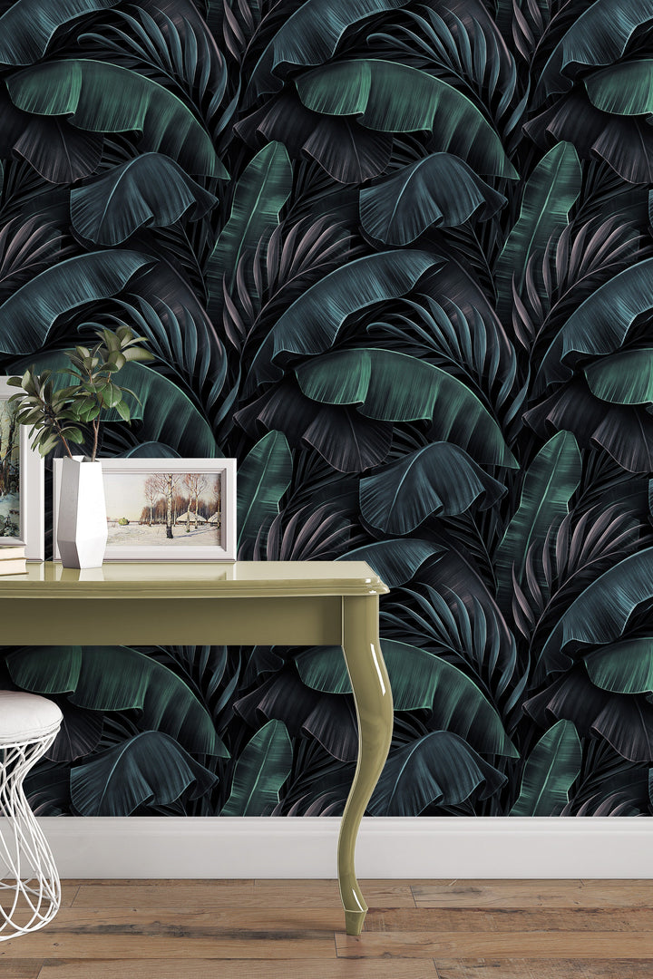Dark wallpaper, Palm leaves, renter friendly wallpaper, - Peel and stick wall and Traditional murals #3399